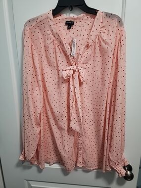 torrid Pink Blouse with Red Polka Dots and Tie-Neck